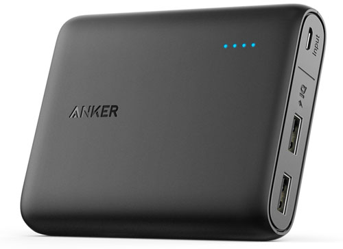  Front tilt view of the Anker power bank, with four blue LED indicators on 
